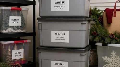 Stacked plastic bins of winter storage and decor
